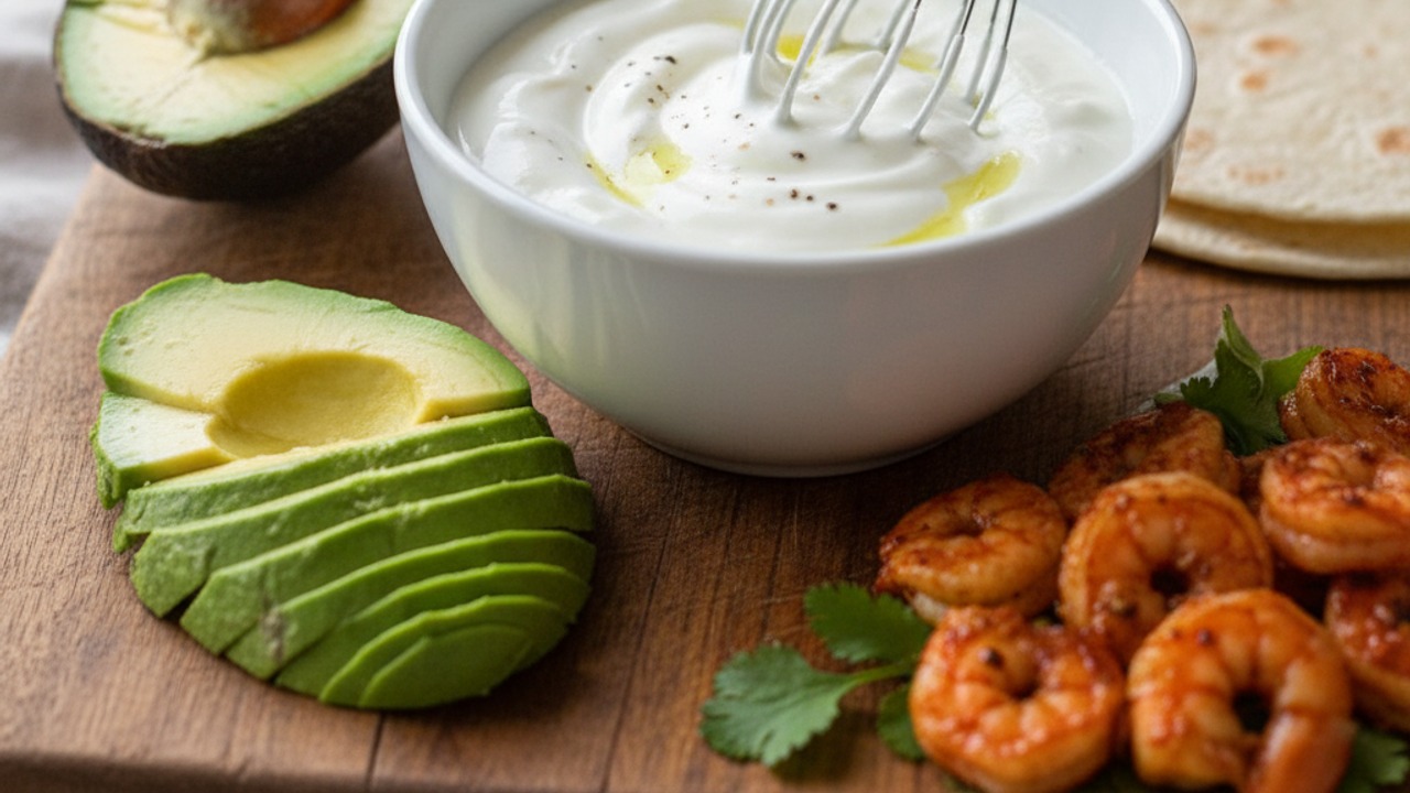 Prepare lime-yogurt sauce and slice avocado
