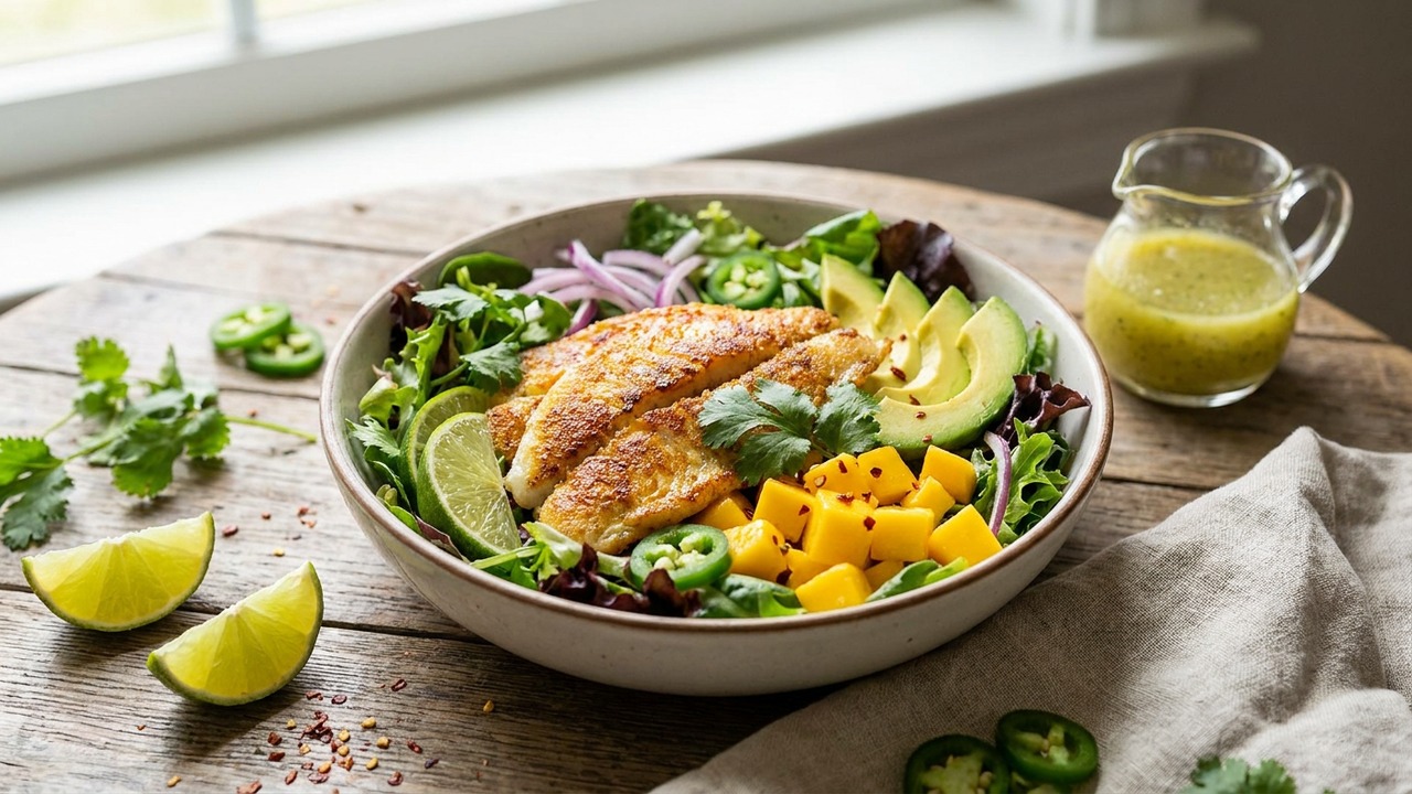 Mango Avocado Tilapia Salad Bowl with Lime Vinaigrette