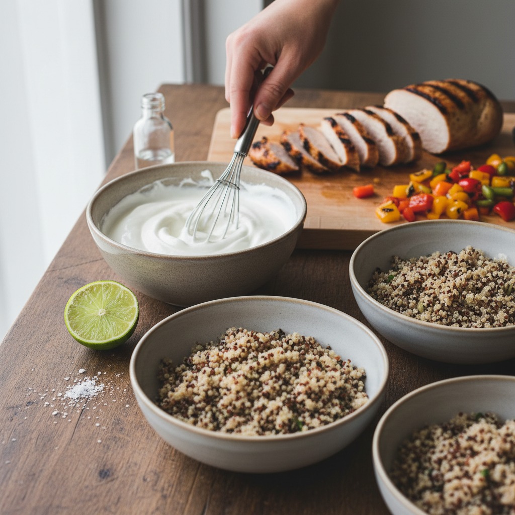 Prepare yogurt drizzle and shred components