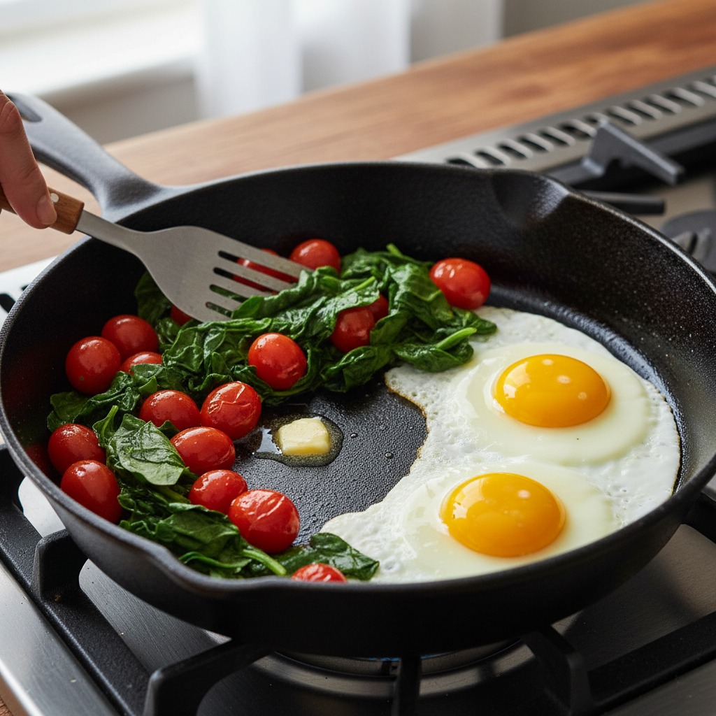 Sauté veggies and cook the eggs in the same skillet