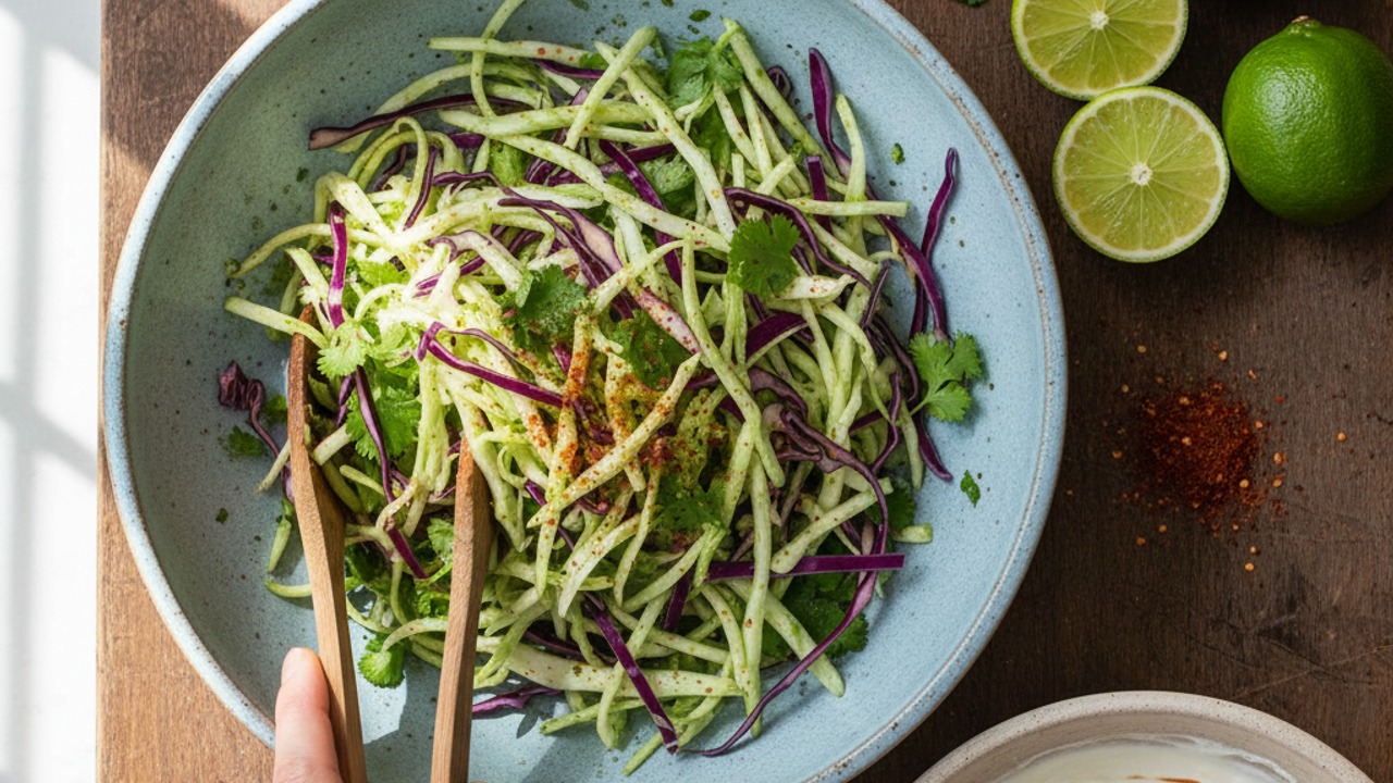 Make the cabbage slaw and chile-lime crema