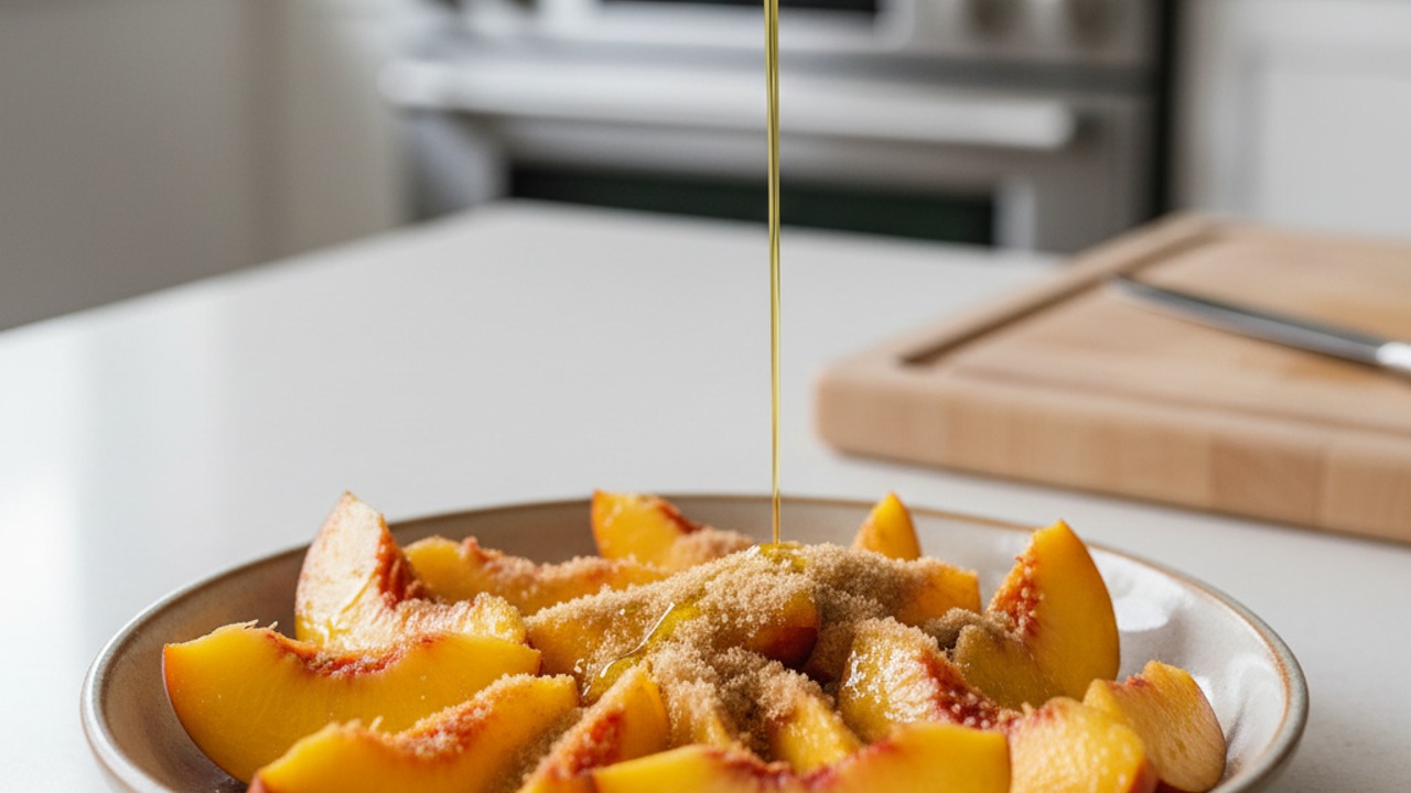 Cut and marinate pork; prepare peaches and skewers