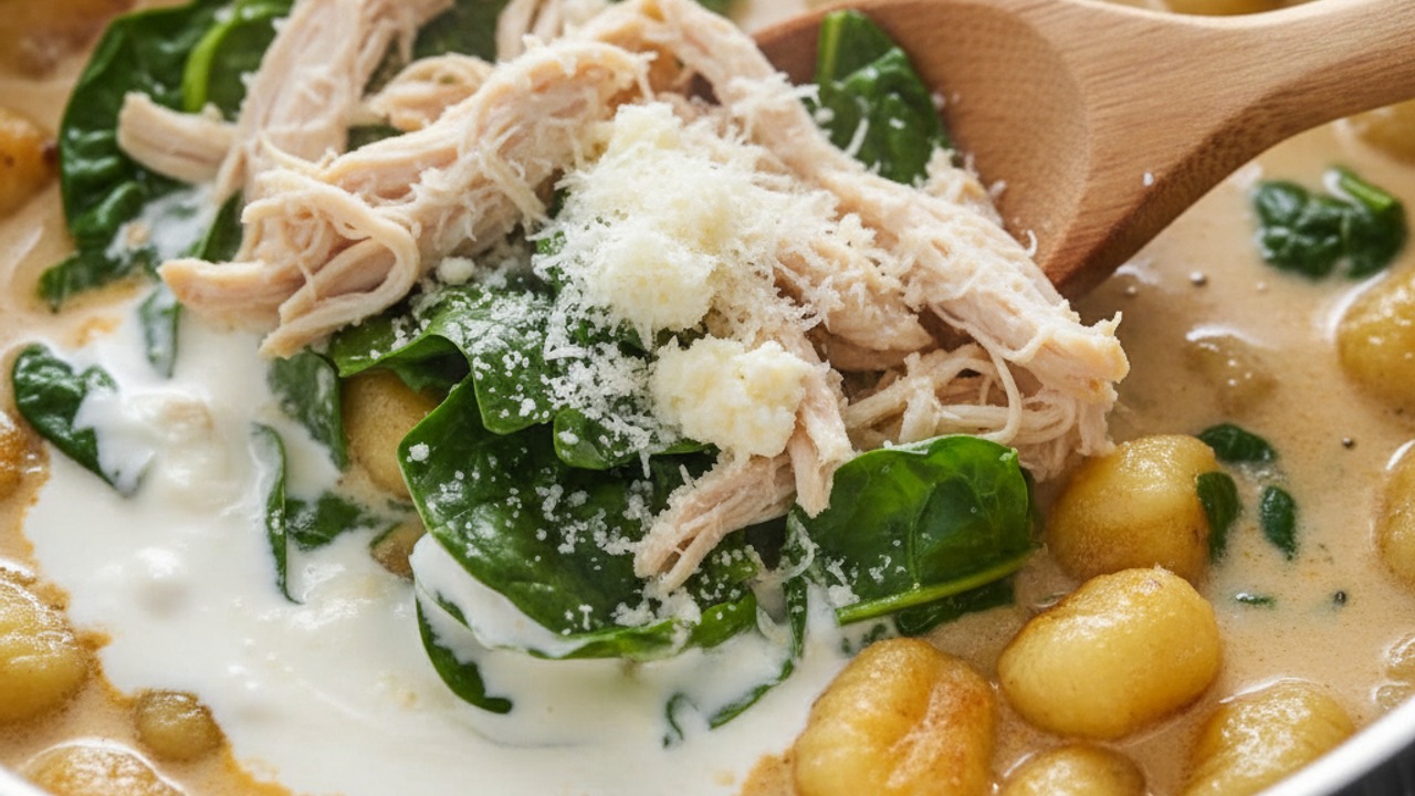 Finish with chicken, cream and greens