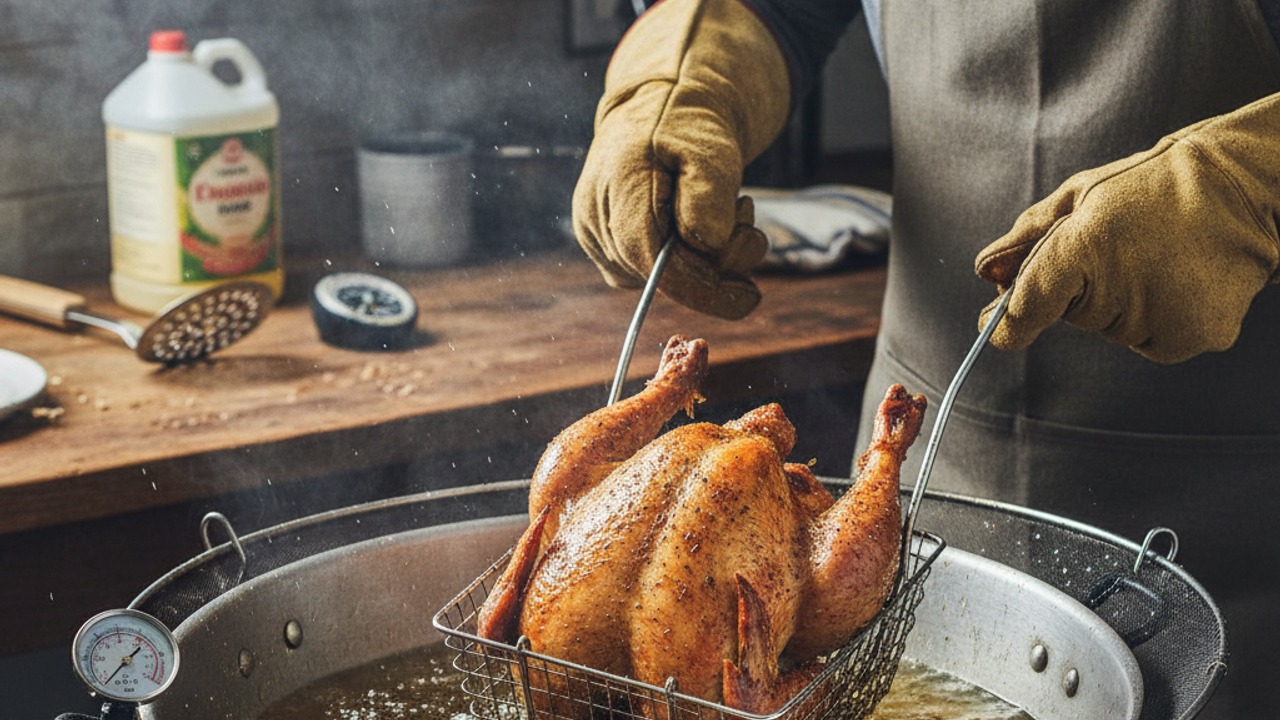Lower and fry the turkey safely
