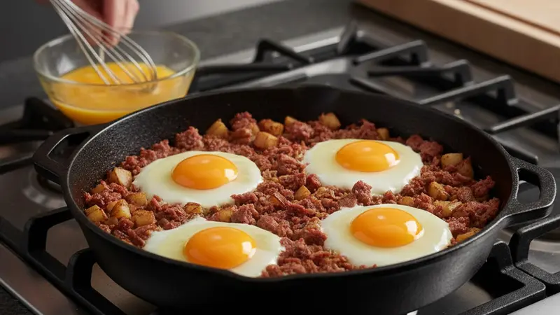 Cook sunny‑side eggs in the cast‑iron
