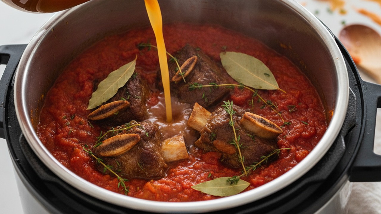 Add tomatoes, stock and herbs; pressure cook