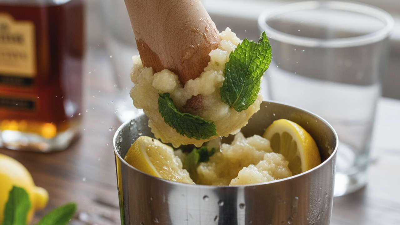 Muddle pear, lemon, syrup and mint
