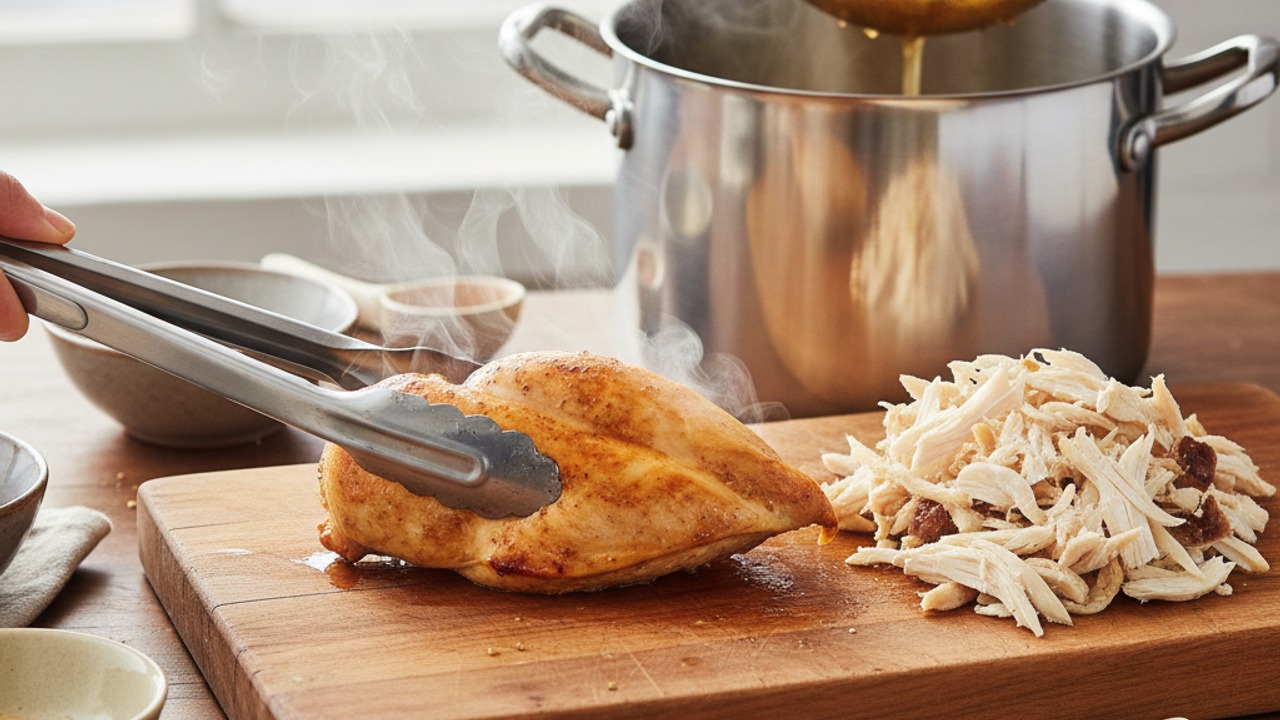 Remove, strain and shred the chicken