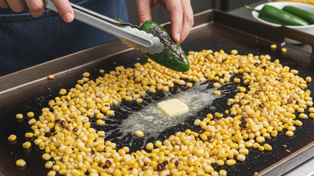 Heat the flattop and char the corn