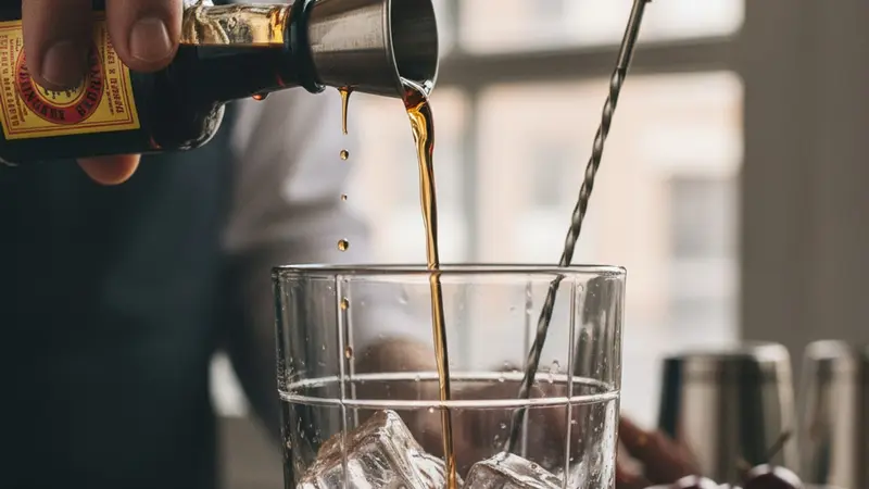 Combine spirits and bitters in a mixing glass
