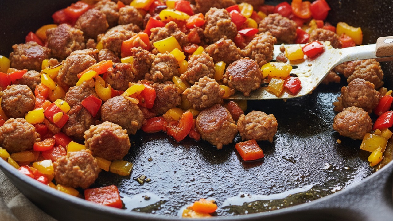 Cook sausage and bell pepper