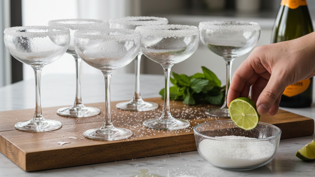 Prepare the sugar-rimmed glasses