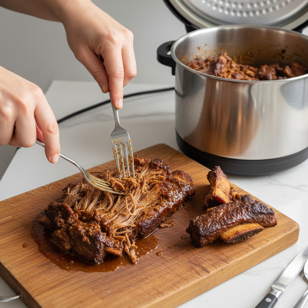 Release, shred the meat and reduce the sauce