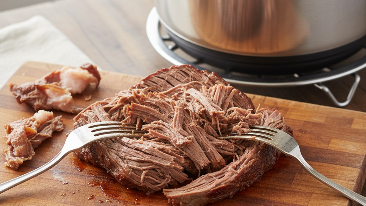 Shred the beef and thicken the sauce