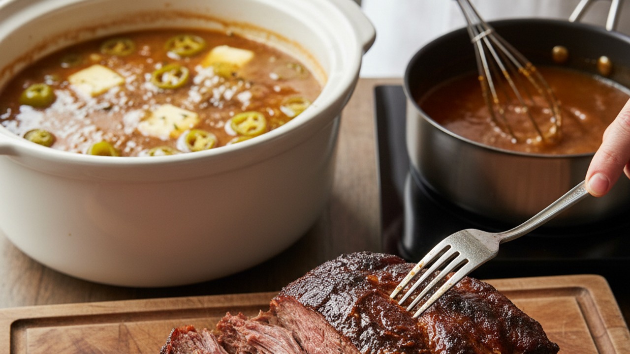 Shred the roast and finish the sauce