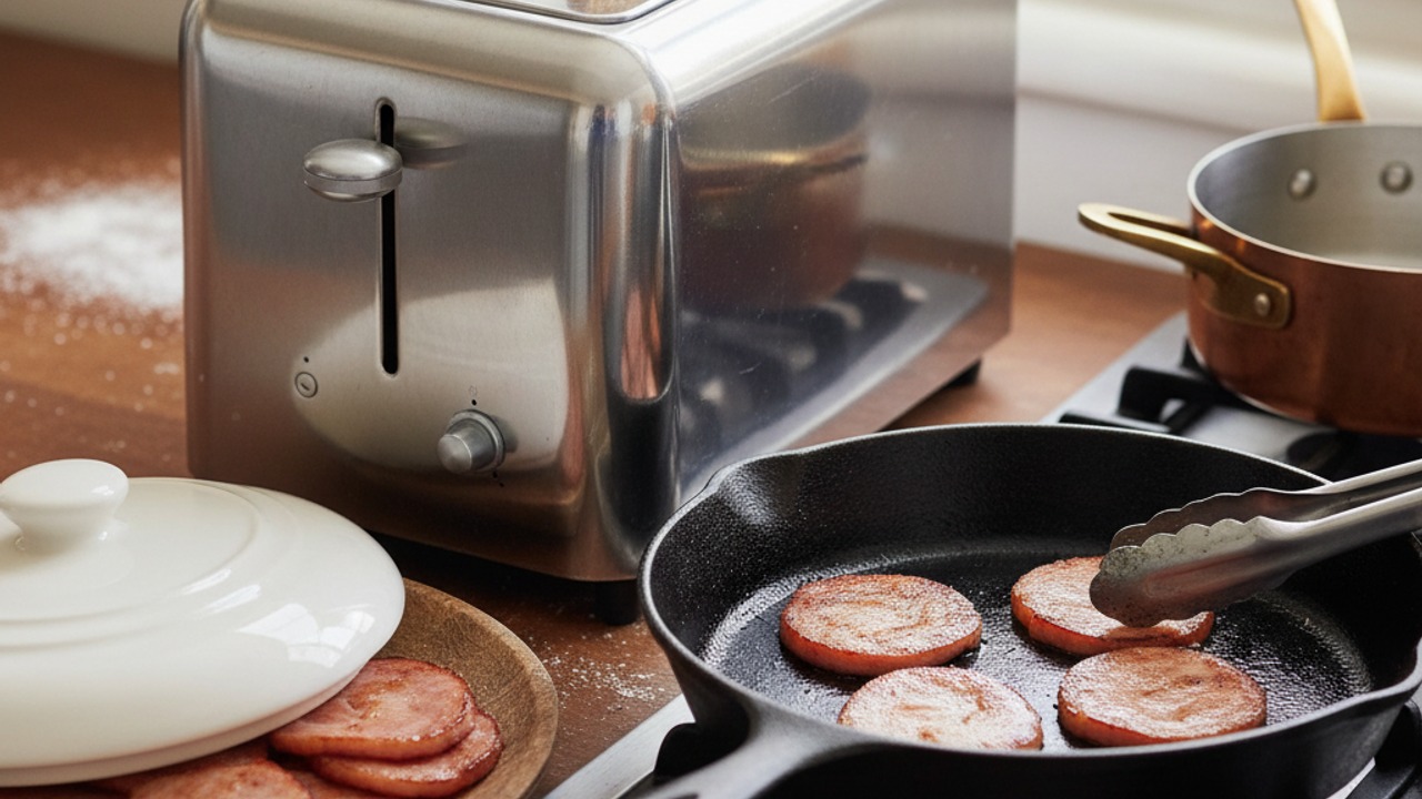 Toast muffins and heat Canadian bacon