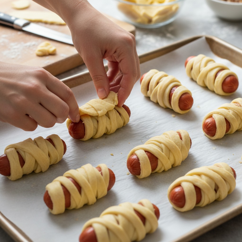 Wrap the hot dogs to look like mummies