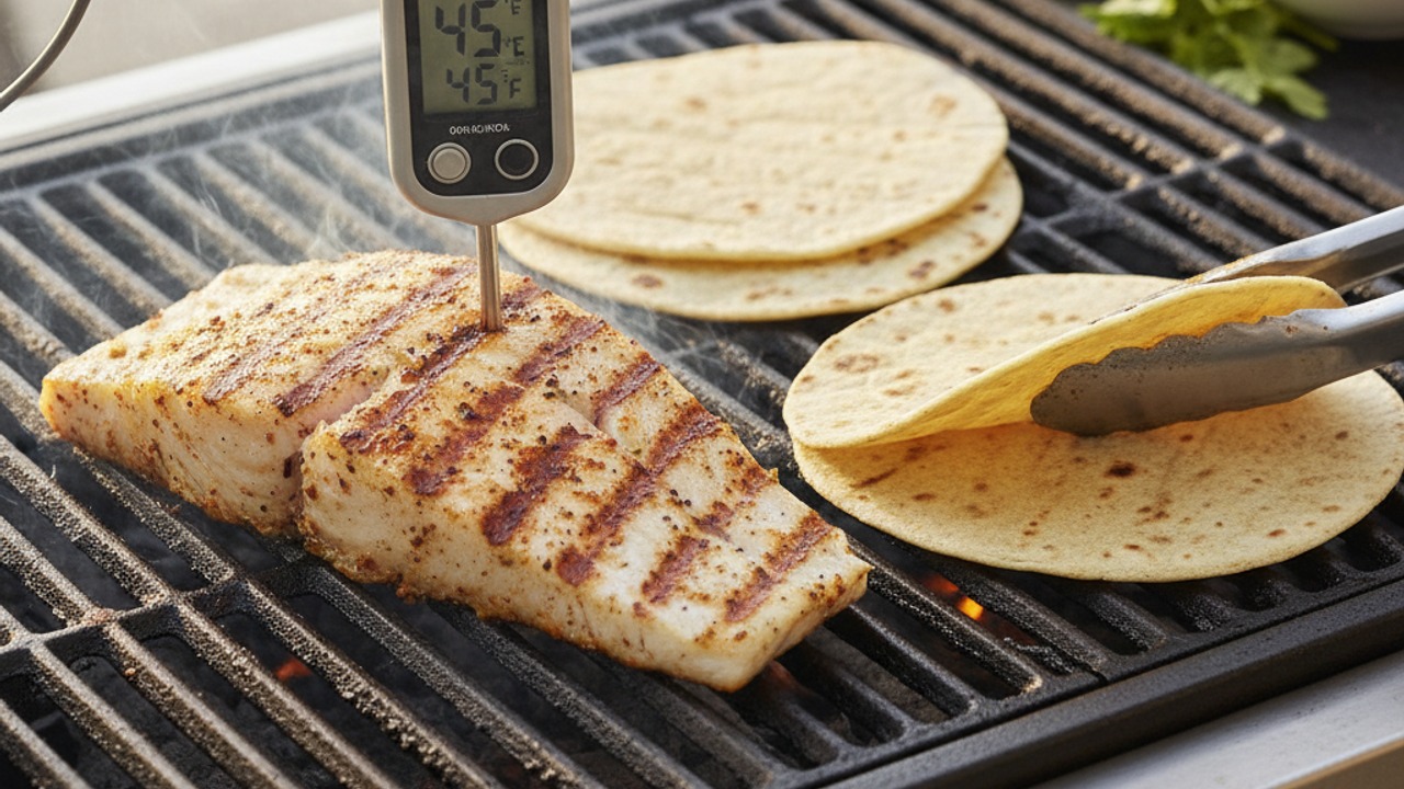 Grill fish and warm tortillas