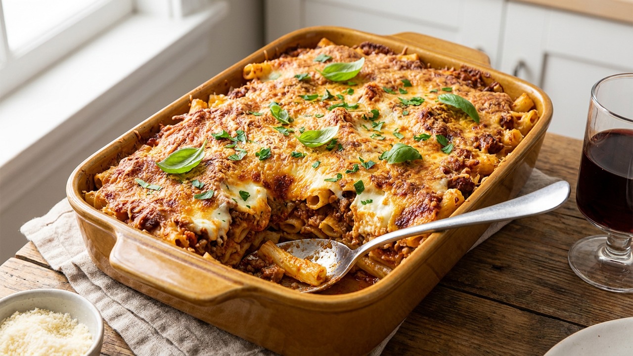 Baked Beef and Ricotta Ziti with Crispy Parmesan Top