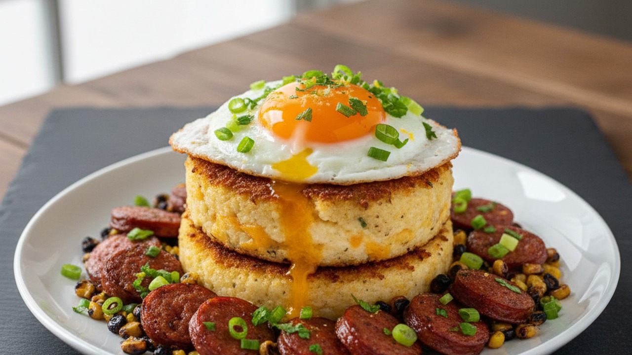 Grilled Smoked-Gouda Grits Cakes with Charred Corn, Andouille & Soft Eggs