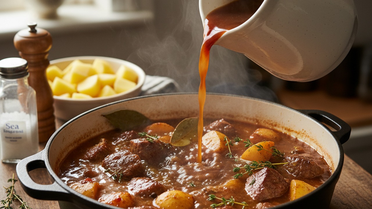 Add liquid and simmer until beef is tender