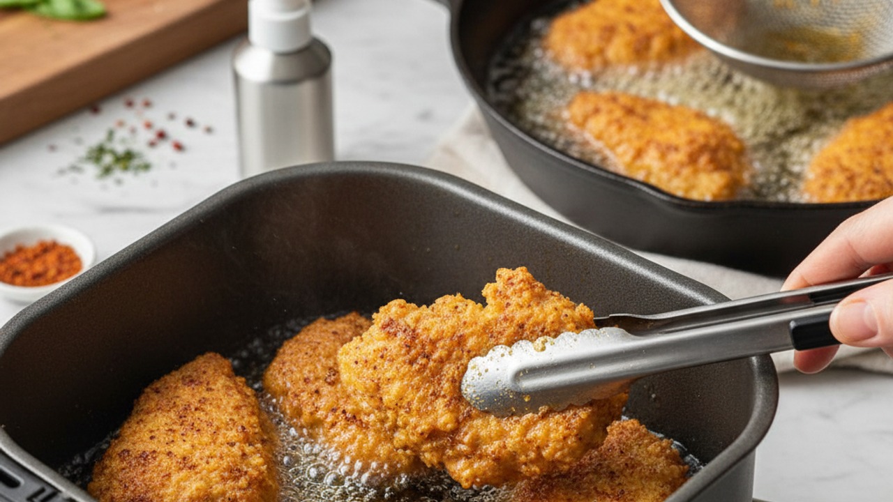 Air-fry (or pan-fry) the chicken until crispy