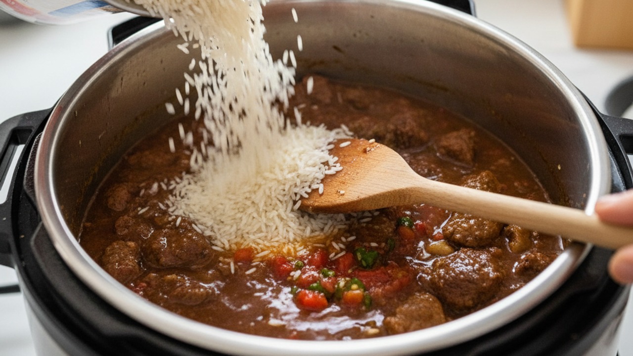 Add rice, liquids, and tomatoes