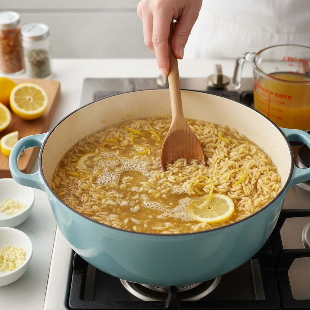 Simmer the orzo with garlic, lemon, and broth