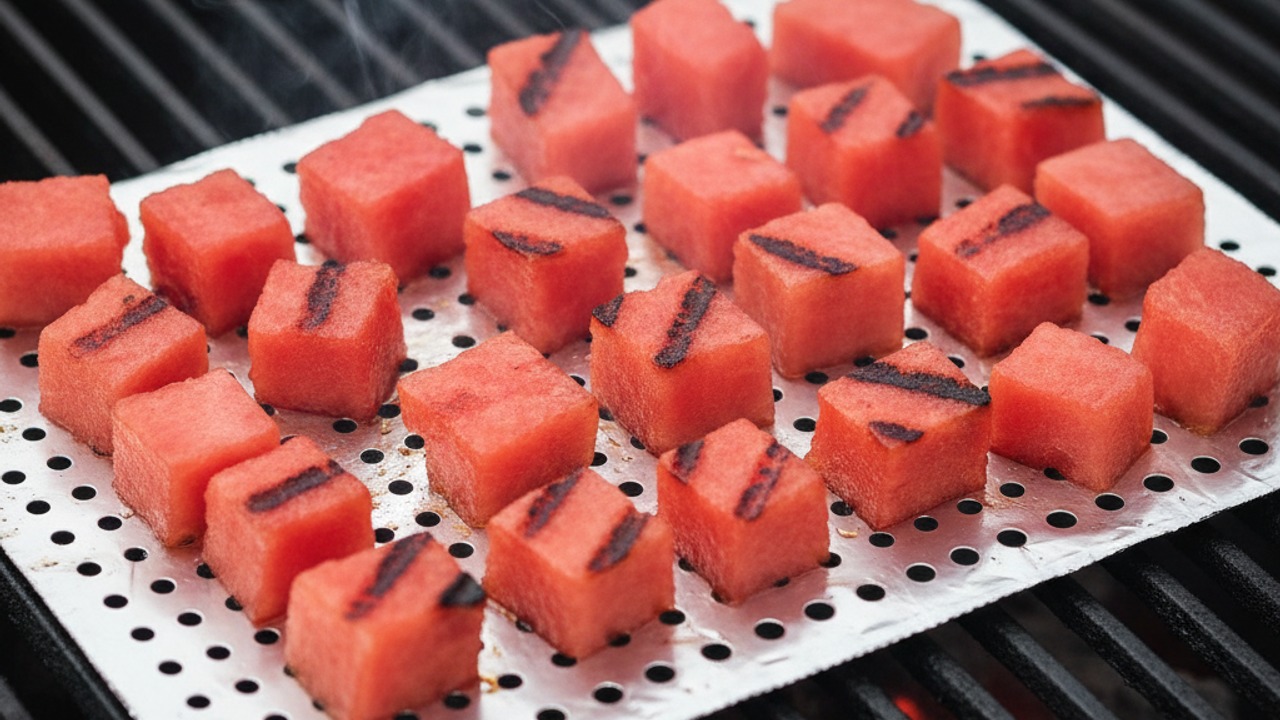 Char the watermelon on a hot grill