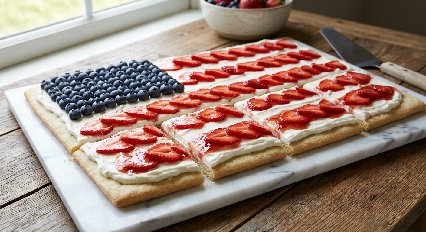 Red White and Blue Flag Fruit Pizza with Whipped Cream Cheese and Berry Glaze