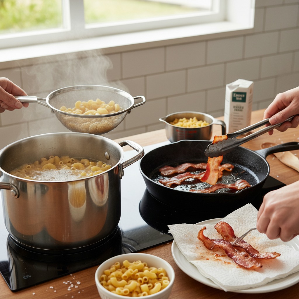 Cook pasta and crisp the bacon