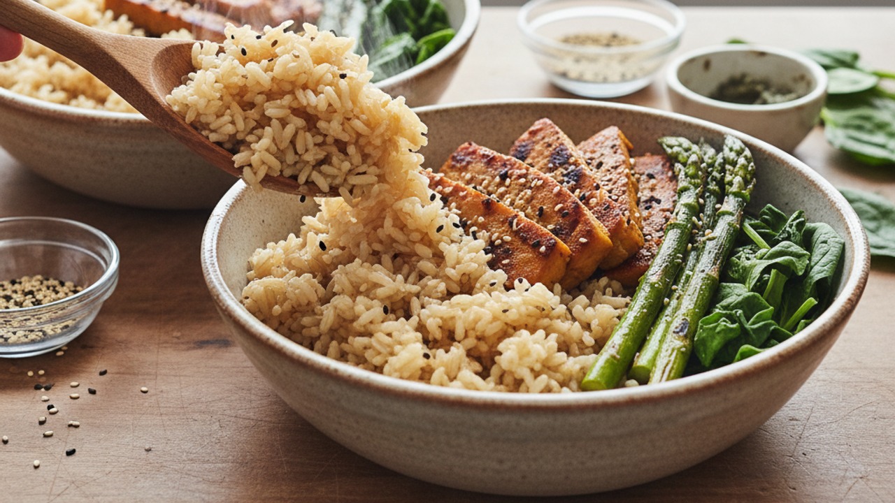 Warm rice and assemble bowls