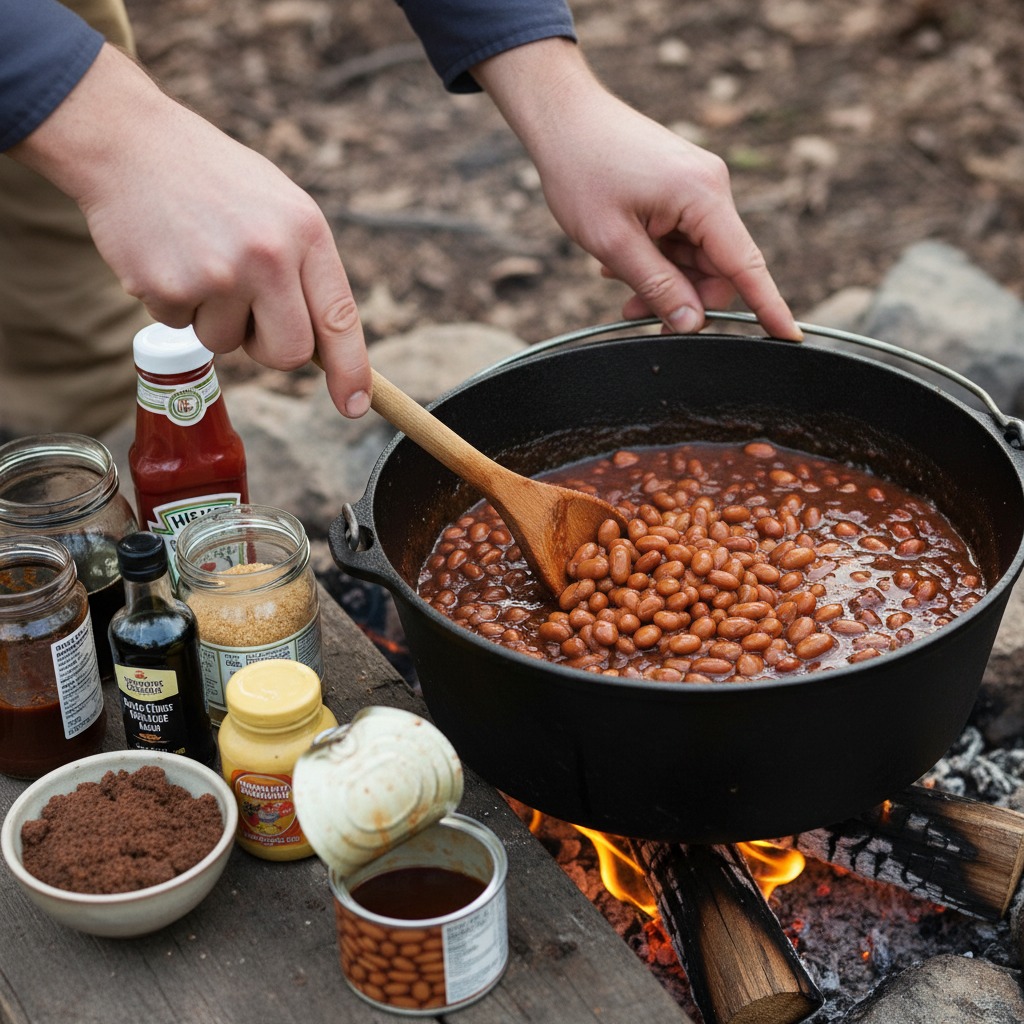 Add sweet and savory sauces plus the beans