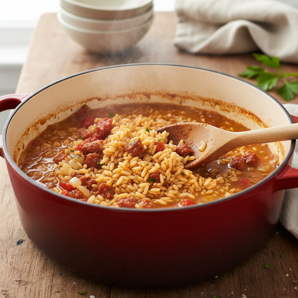 Toast rice, add tomatoes and stock
