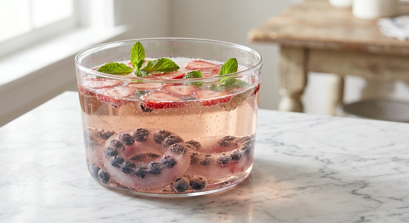Fourth of July Sparkling Rosé Punch with Blueberry Ice Rings