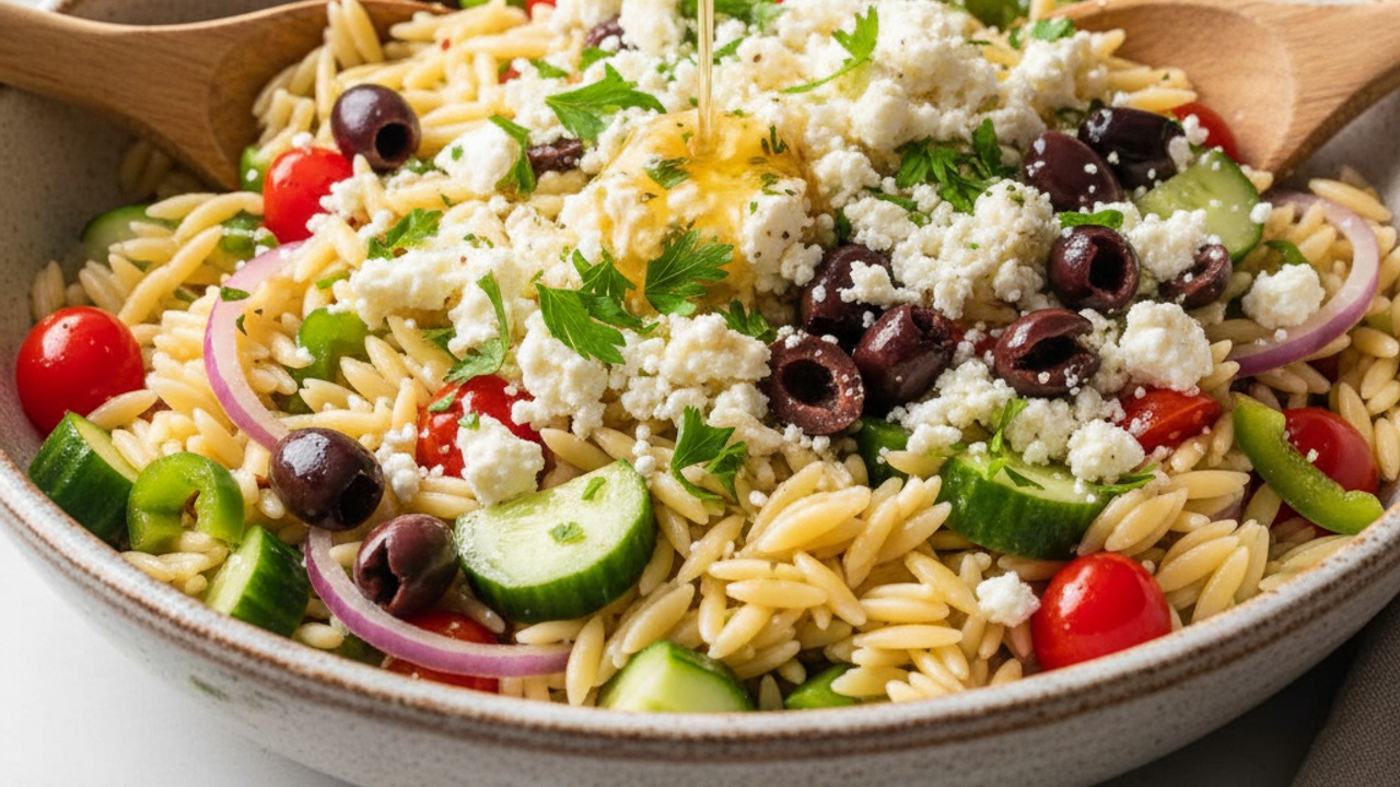 Toss salad and add cheese, olives, herbs