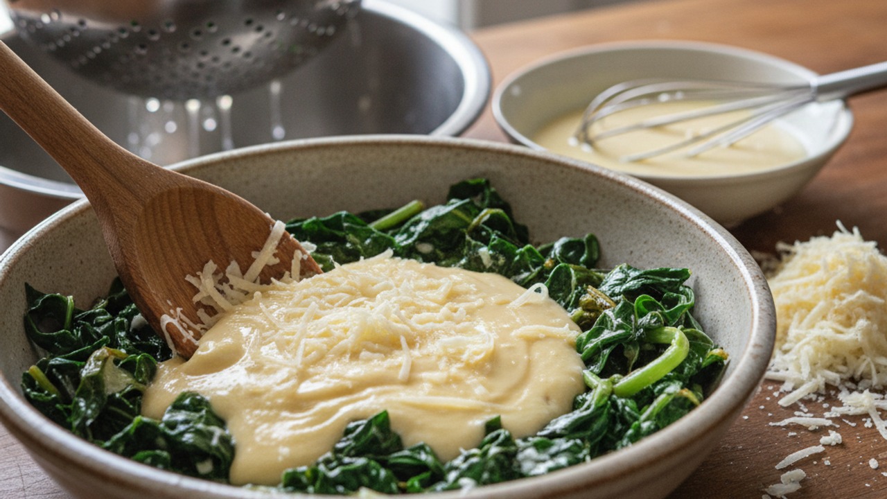 Make the custard and combine with greens