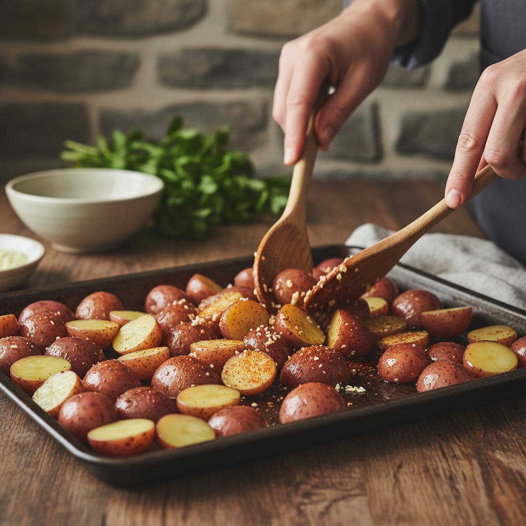 Season potatoes and start roasting
