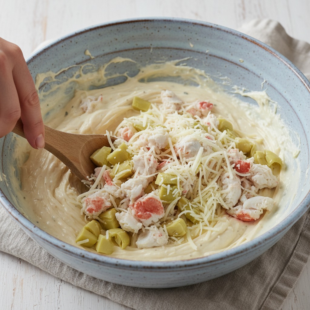 Fold in crab, artichokes and cheeses