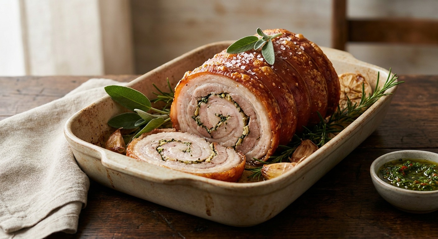Porchetta-Style Rolled Pork Belly with Crispy Crackling and Sage-Pancetta Herb Filling