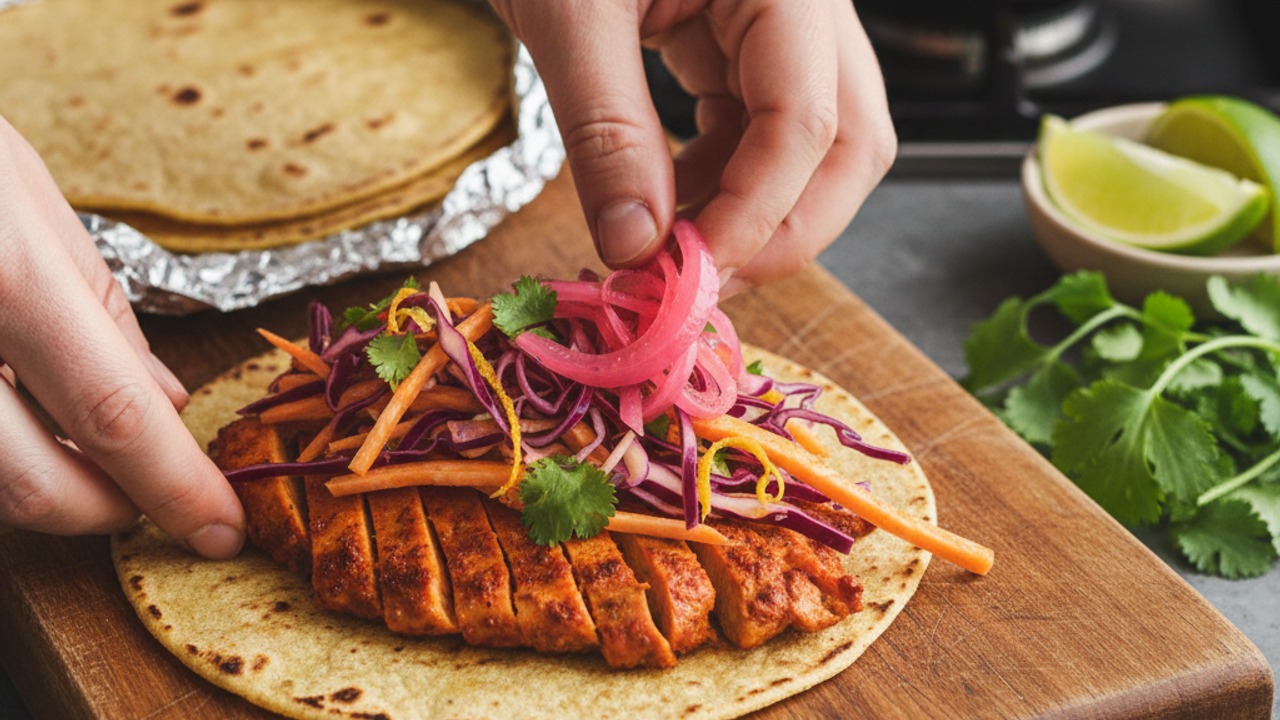 Warm tortillas and assemble tacos