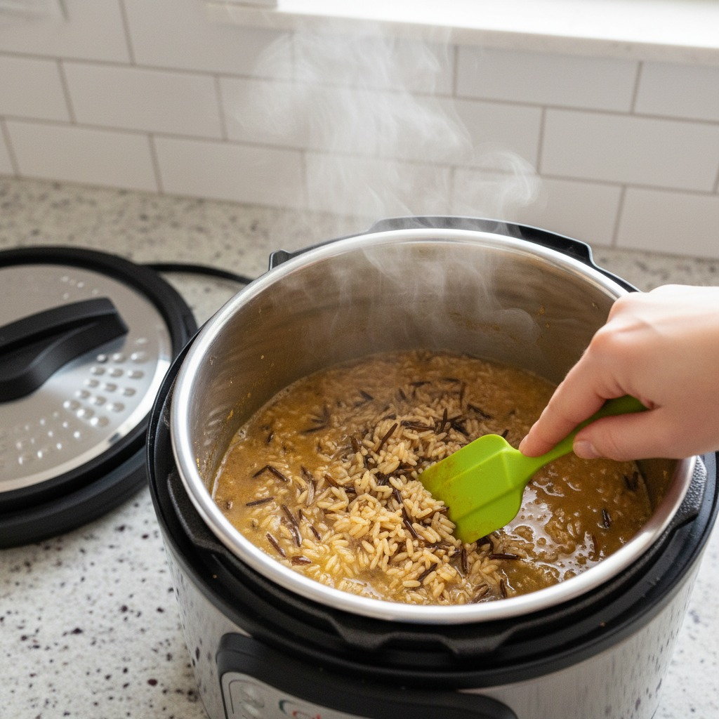 Add rice and broth, deglaze and pressure-cook