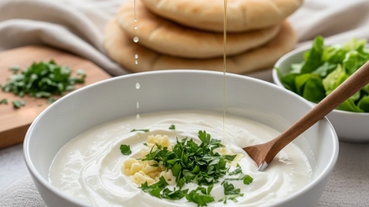 Make the garlic yogurt sauce and prep garnishes
