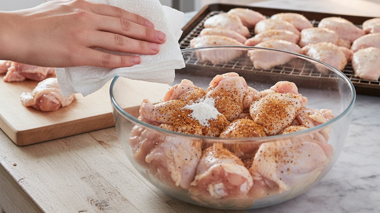 Dry, trim and season the wings
