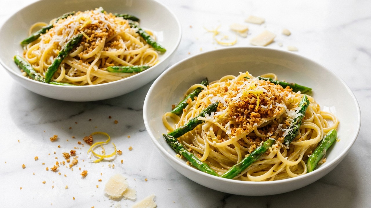 Garlic Butter Asparagus Linguine with Crispy Breadcrumbs