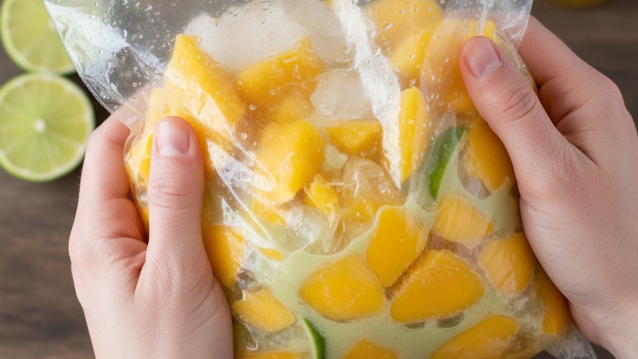 Combine frozen mango and liquids