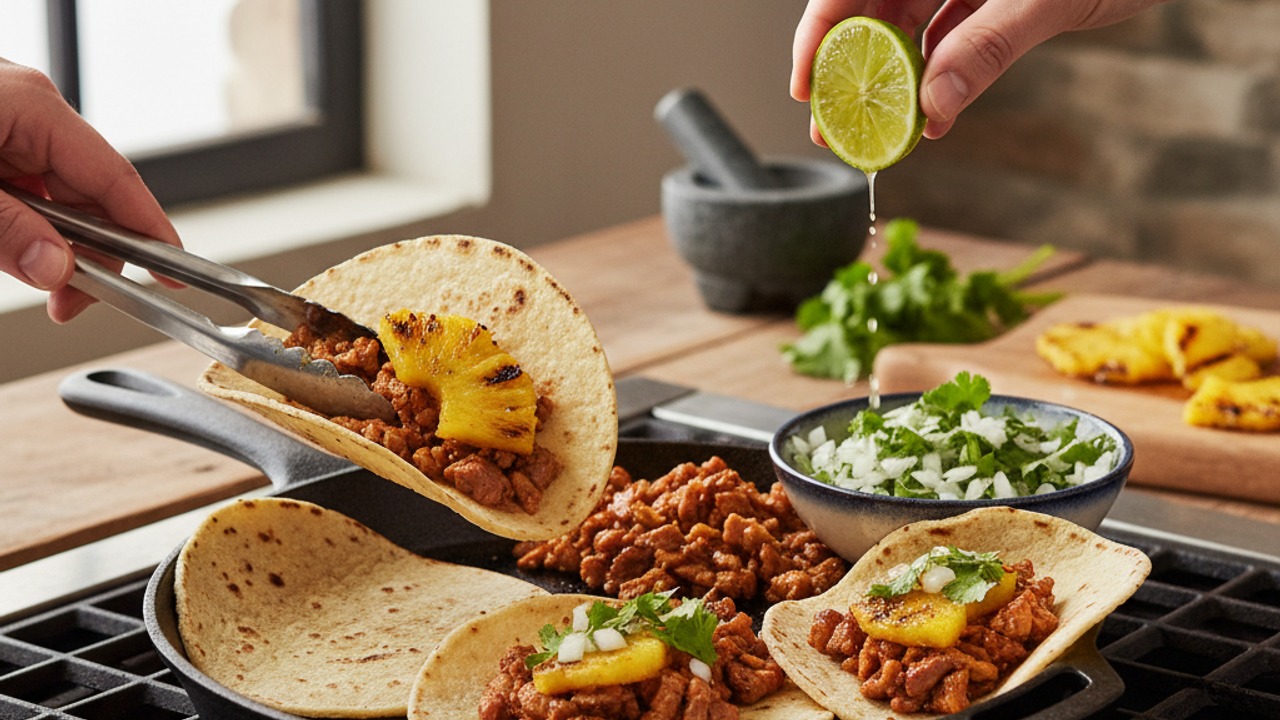 Warm tortillas and assemble tacos