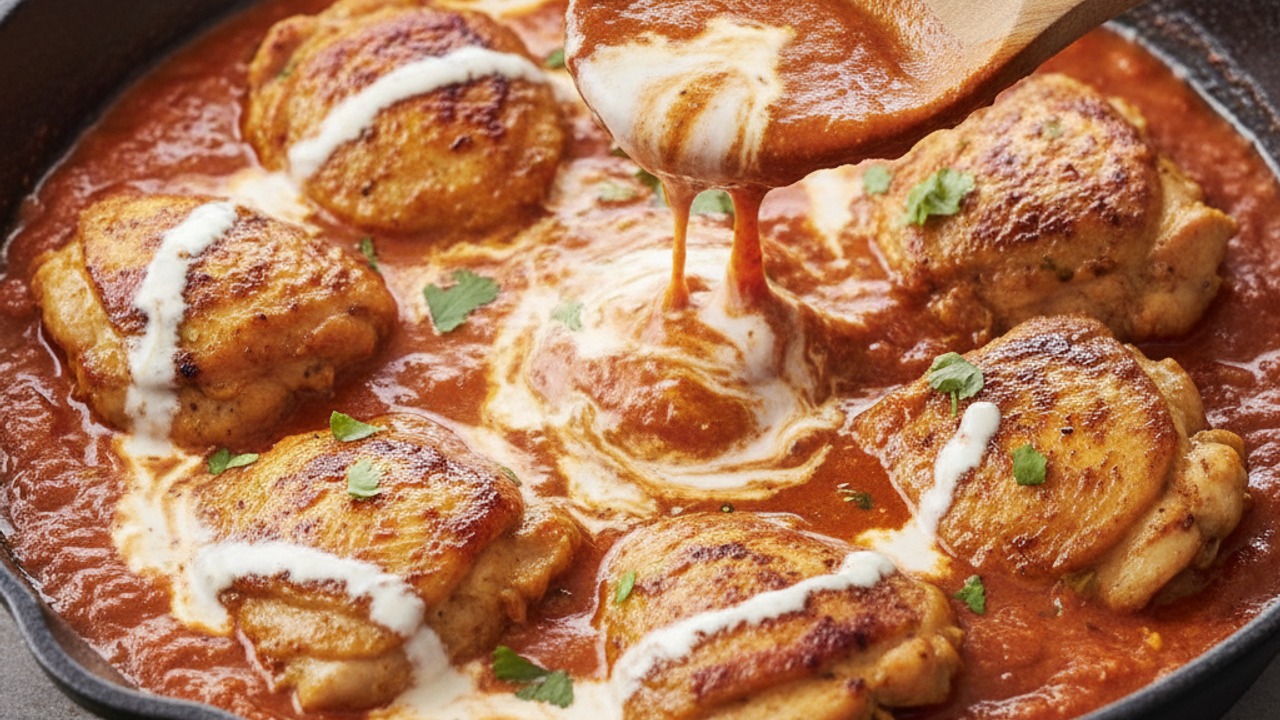Simmer chicken in the sauce and finish with cream