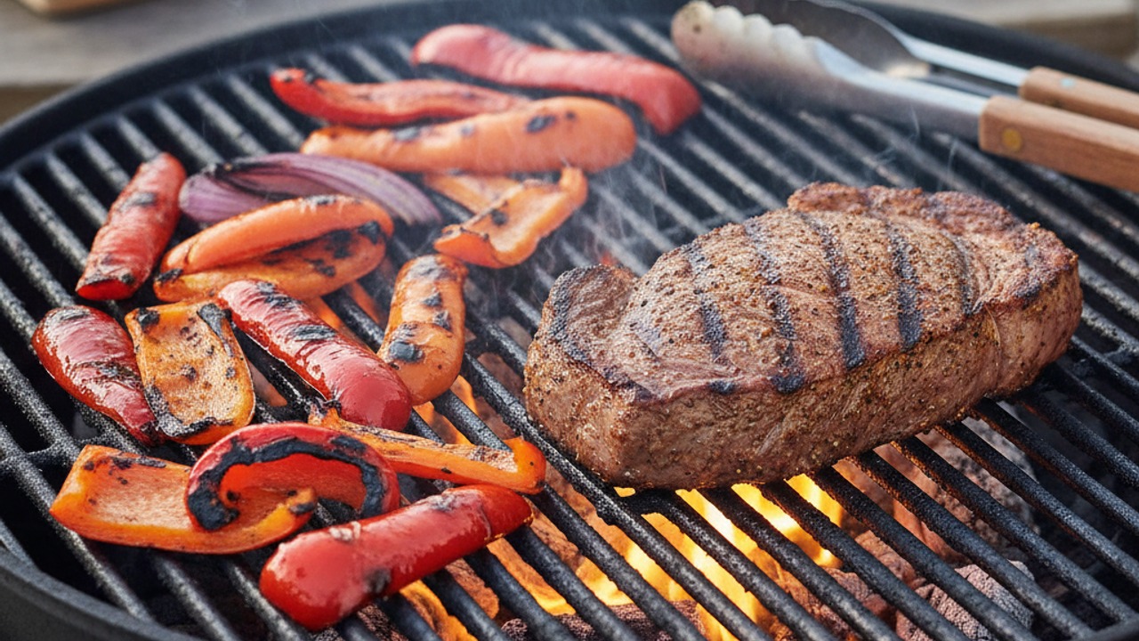 Char the vegetables and grill the steak