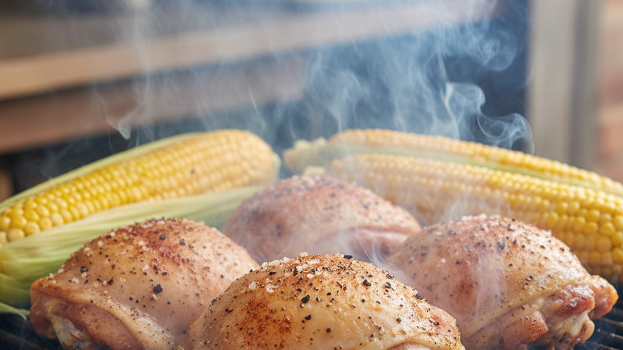 Smoke the chicken and corn